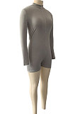 Red Wholesal Simple Pure Color Long Sleeve Stand Neck Zippet Collcet Waist Tight Romper Shorts DN8630-2
