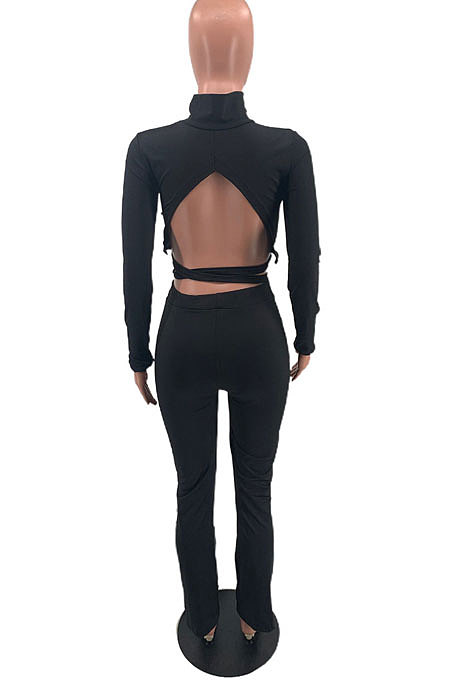 Blue New Aurumn Long Sleeve High Neck Backless Bandage Shift Pants Solid Color Casual Sets HMR6057-3
