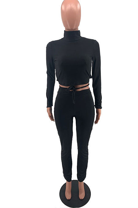 Blue New Aurumn Long Sleeve High Neck Backless Bandage Shift Pants Solid Color Casual Sets HMR6057-3