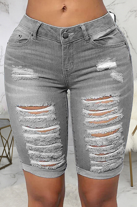 Light Blue Wholesal Hole Water Washing High Waist Elasticty Shift Jean Shorts SMR2482-2