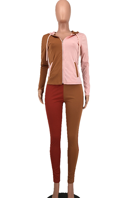 Red Wholesal Autumn Winter Contrast Color Spliced Long Sleeve Zipper Hoodie Bodycon Pants Sport Sets SMD82080-5