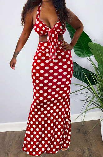 Blue Women Hallter Neck Trendy Polka Dot Skirts Sets OMY0025-2