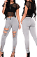 Gray Fashion Hole Water Washing Slim Fitting Elastic Jean Pencil Pants SMR2458-1