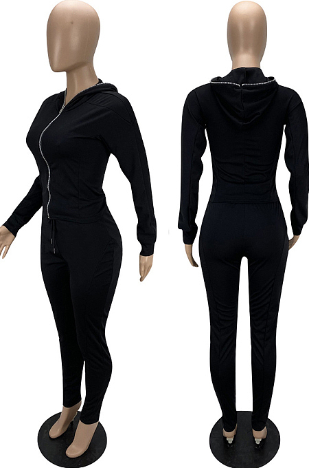 Blue Casual New Long Sleeve Zipper Hoodie Pencil Pants Slim Fitting Pure Color Sport Sets MLL176-3