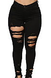 Black Fashion Hole Water Washing Slim Fitting Elastic Jean Pencil Pants SMR2458-4