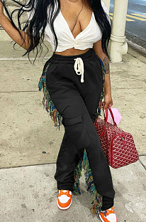Black Cotton Blend Colorful Tassel Loose Bandage Sweat Pants QSS51040-4