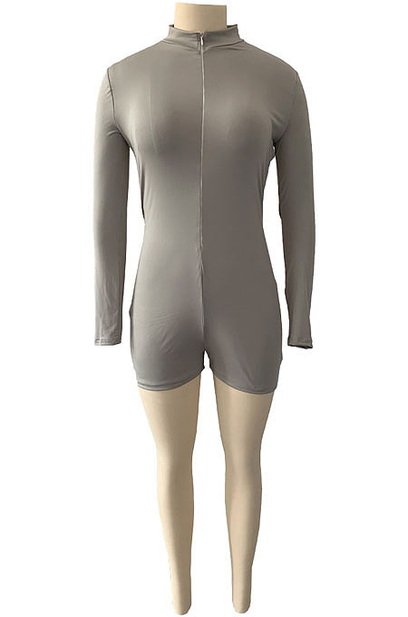 Red Wholesal Simple Pure Color Long Sleeve Stand Neck Zippet Collcet Waist Tight Romper Shorts DN8630-2