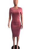 Black Pure Color Short Sleeve Round Collar Drawsting Split Mini Dress OMY0021-3