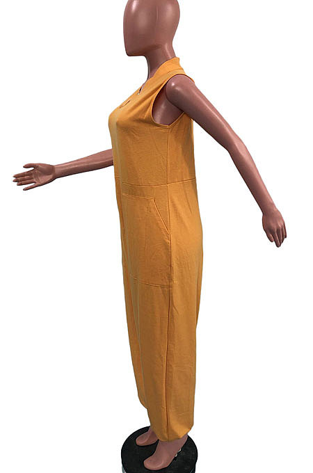 Orange Women Sleeveless V Collar Solid Color Fleece Loose High Waist Casual Jumpsuit OMY0027-4