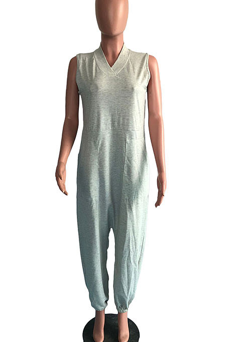 Blue Women Sleeveless V Collar Solid Color Fleece Loose High Waist Casual Jumpsuit OMY0027-3