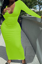 Neon Green Women Deep V Neck Tight Sexy Long Sleeve Long Dress Q910-10