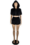 White New Autumn And Winter Double Sided Velvet Short Sleeve Zipper Hoodie Coat&Strapless+Shorts Solid Color Thtee Piece LS6464-1