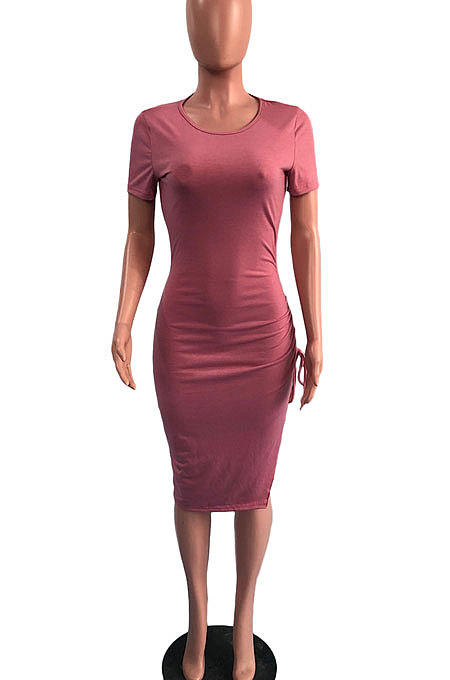 Blue Pure Color Short Sleeve Round Collar Drawsting Split Mini Dress OMY0021-4