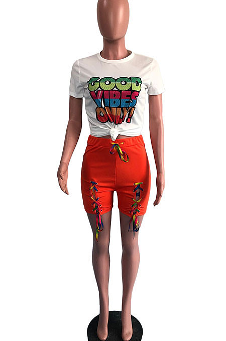 Black Women Fashion Positioning Printing Eyelet Bandage Shorts Sets OMY0028-2