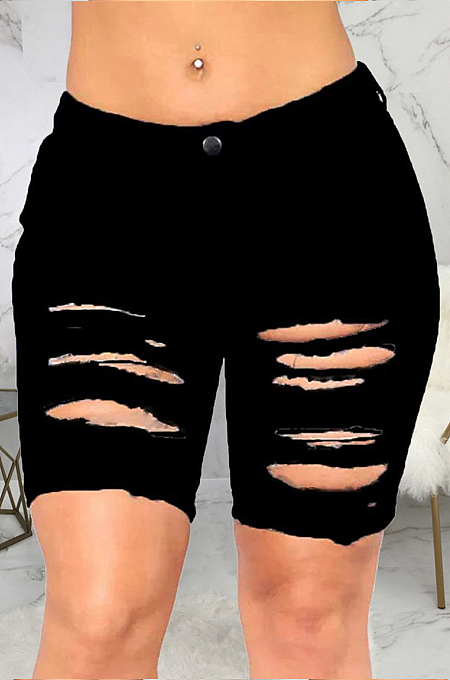 Light Blue Wholesal Hole Water Washing High Waist Elasticty Shift Jean Shorts SMR2482-2