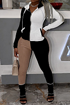 Black Wholesal Autumn Winter Contrast Color Spliced Long Sleeve Zipper Hoodie Bodycon Pants Sport Sets SMD82080-4