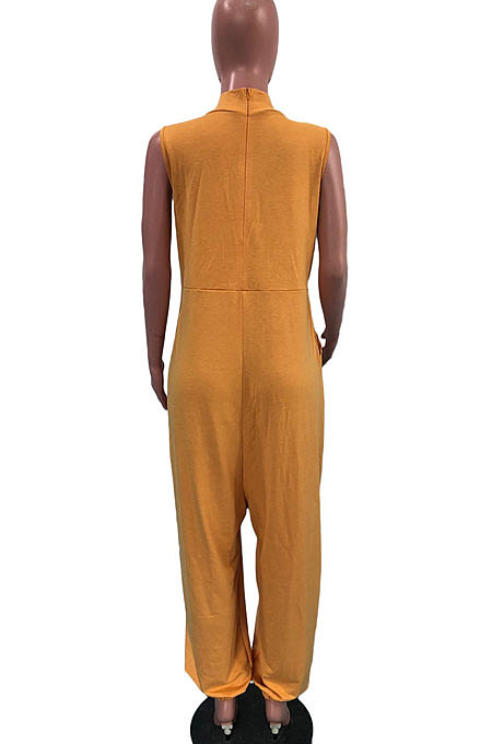 Black Women Sleeveless V Collar Solid Color Fleece Loose High Waist Casual Jumpsuit OMY0027-2