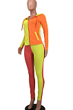 Blue Wholesal Autumn Winter Contrast Color Spliced Long Sleeve Zipper Hoodie Bodycon Pants Sport Sets SMD82080-2