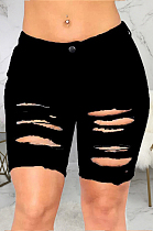 Black Wholesal Hole Water Washing High Waist Elasticty Shift Jean Shorts SMR2482-4