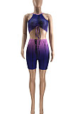 Purple Women Shirred Detail Tanks Printing Stretch Ribber Shorts Sets PH1218-1