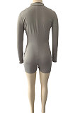 Red Wholesal Simple Pure Color Long Sleeve Stand Neck Zippet Collcet Waist Tight Romper Shorts DN8630-2