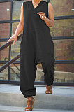Orange Women Sleeveless V Collar Solid Color Fleece Loose High Waist Casual Jumpsuit OMY0027-4