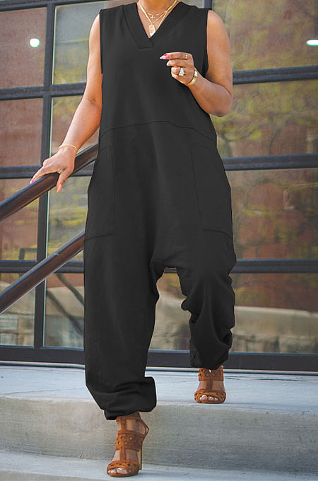Orange Women Sleeveless V Collar Solid Color Fleece Loose High Waist Casual Jumpsuit OMY0027-4