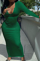 Green Women Deep V Neck Tight Sexy Long Sleeve Long Dress Q910-13