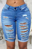 Light Blue Wholesal Hole Water Washing High Waist Elasticty Shift Jean Shorts SMR2482-2