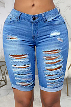 Light Blue Wholesal Hole Water Washing High Waist Elasticty Shift Jean Shorts SMR2482-2
