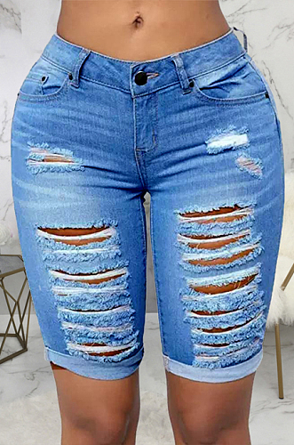 Light Blue Wholesal Hole Water Washing High Waist Elasticty Shift Jean Shorts SMR2482-2