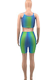 Purple Women Shirred Detail Tanks Printing Stretch Ribber Shorts Sets PH1218-1