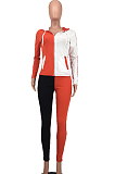 Blue Wholesal Autumn Winter Contrast Color Spliced Long Sleeve Zipper Hoodie Bodycon Pants Sport Sets SMD82080-2