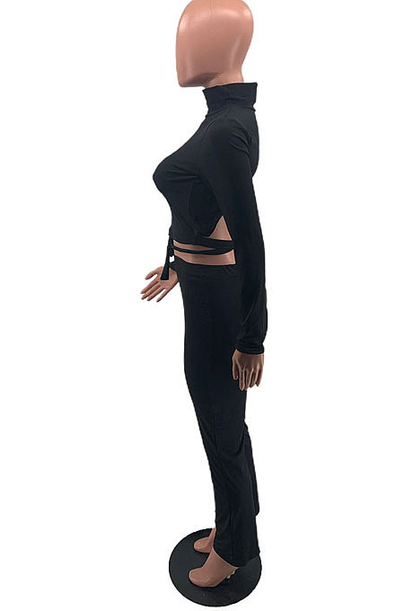 Blue New Aurumn Long Sleeve High Neck Backless Bandage Shift Pants Solid Color Casual Sets HMR6057-3