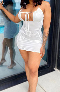 White Sexy Condole Belt Hollow Out Ruffle Bandage Backless Slim Fitting Mini Dress BN9289-1