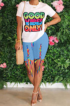 Blue Women Fashion Positioning Printing Eyelet Bandage Shorts Sets OMY0028-3