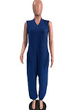 Blue Women Sleeveless V Collar Solid Color Fleece Loose High Waist Casual Jumpsuit OMY0027-3