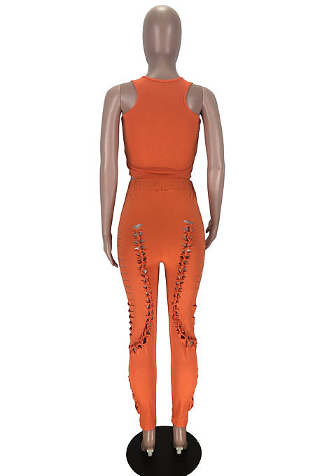 Rose Red Night Club Pure Color Sleeveless Round Neck Tank Bodycon Pencil Pants Hollow Out Casual Sets HMR6052-2