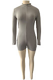 Gray Wholesal Simple Pure Color Long Sleeve Stand Neck Zippet Collcet Waist Tight Romper Shorts DN8630-4