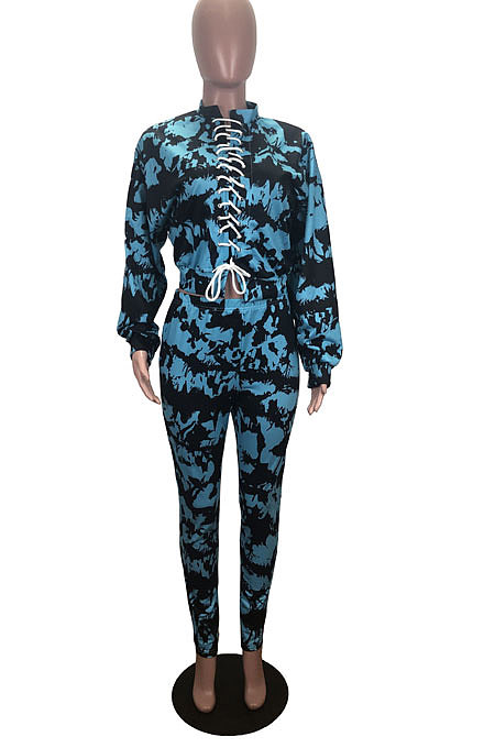 Blue Personality Tie Dye Printing Loose Long Sleeve Bandage Wearing Jumpers Sweat Pants Sets HMR6054-2