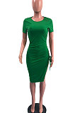 Russet-Red Pure Color Short Sleeve Round Collar Drawsting Split Mini Dress OMY0021-1