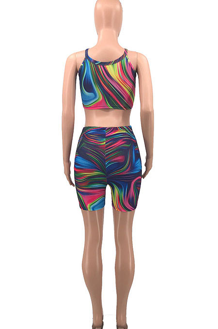 Colorful Women Shirred Detail Tanks Printing Stretch Ribber Shorts Sets PH1218-4