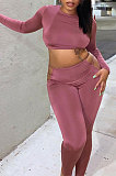 Brown Autumn New Long Sleeve Round Collar Crop Top Bodycon Pants Solid Color Sport Sets HMR6056