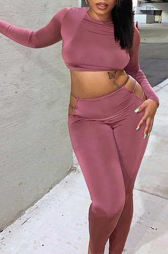Brown Autumn New Long Sleeve Round Collar Crop Top Bodycon Pants Solid Color Sport Sets HMR6056