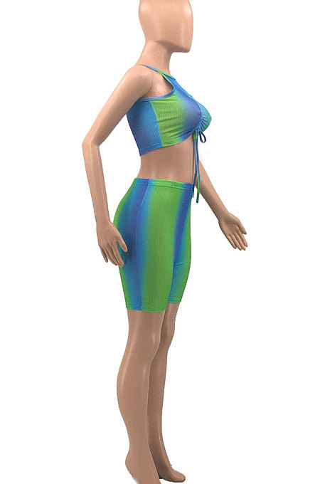 Neon Green Women Shirred Detail Tanks Printing Stretch Ribber Shorts Sets PH1218-2