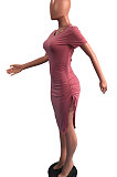 Green Pure Color Short Sleeve Round Collar Drawsting Split Mini Dress OMY0021-2
