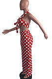 Red Women Hallter Neck Trendy Polka Dot Skirts Sets OMY0025-1