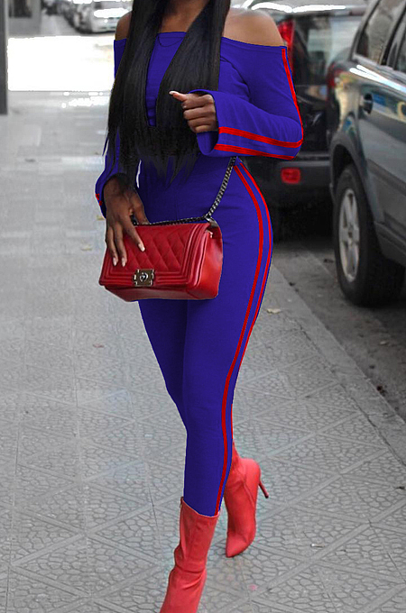 Royal Blue Fashion Casual A Wrod Shoulder Long Sleeve Crop Top Pencil Pants Edge Strip Sport Sets SM9201-1