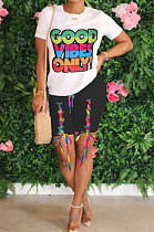 Black Women Fashion Positioning Printing Eyelet Bandage Shorts Sets OMY0028-2