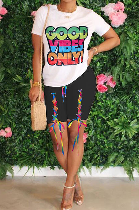 Black Women Fashion Positioning Printing Eyelet Bandage Shorts Sets OMY0028-2